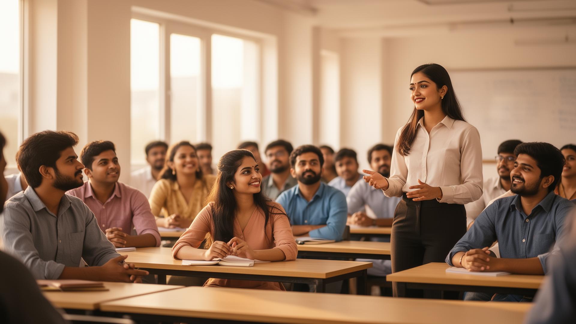 A trainer leading an interactive spoken English class at MKS English Lab, Sakchi, Jamshedpur
