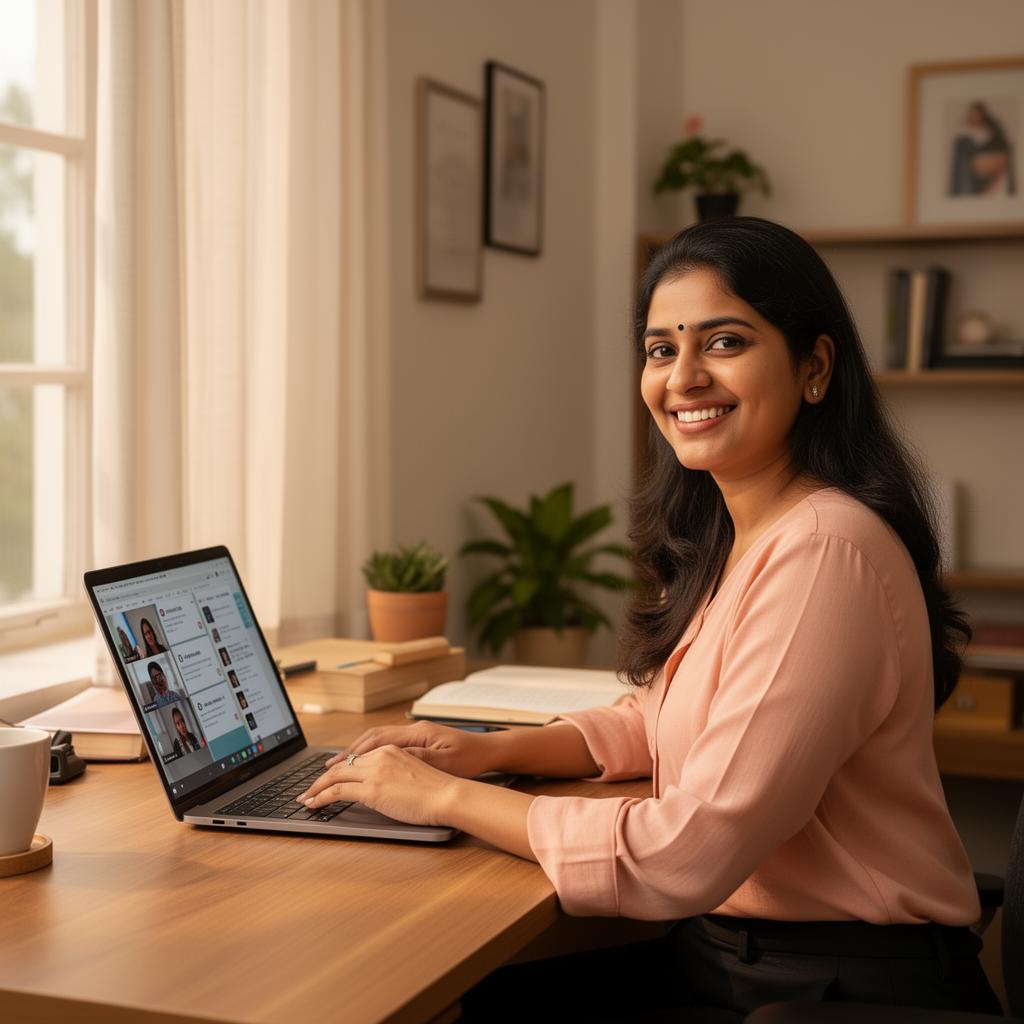 A student attending a live online English class on her laptop